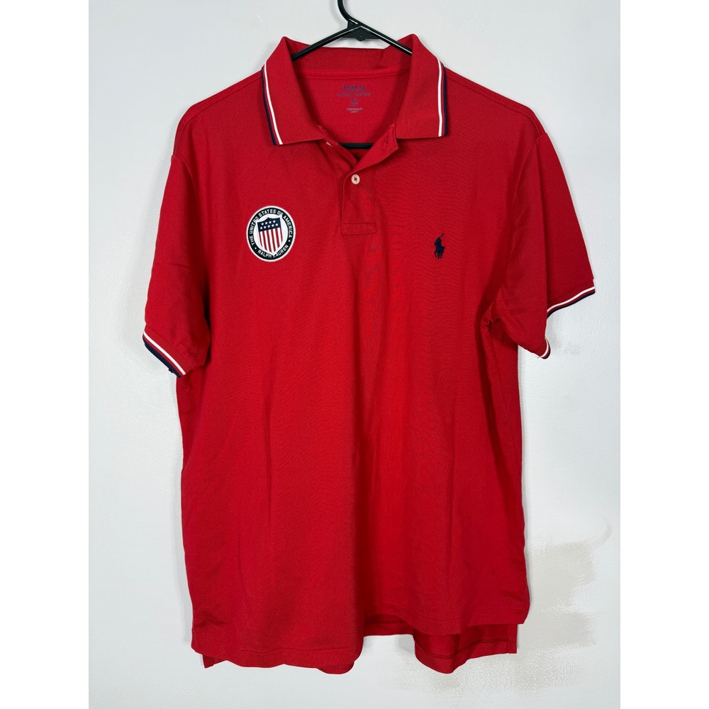 Polo Ralph Lauren Mens XL Red USA‎ Crest Pique Polo Shirt Short Sleeve Navy Pony